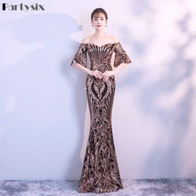 Вечерние женские платья с блестящими рукавами черного и золотистого цвета с вырезом лодочкой