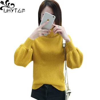 

UHYTGF New Women Sweaters Autumn Winter Turtleneck Lantern sleeve Sweater Female Short Pullovers Loose Knitted Sweaters Coat 800