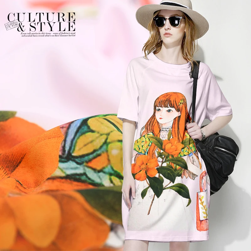

New orange girl silk crepe printing fabric 140cm wide 16mm high-end digital inkjet natural silk dress shirt clothing fabric