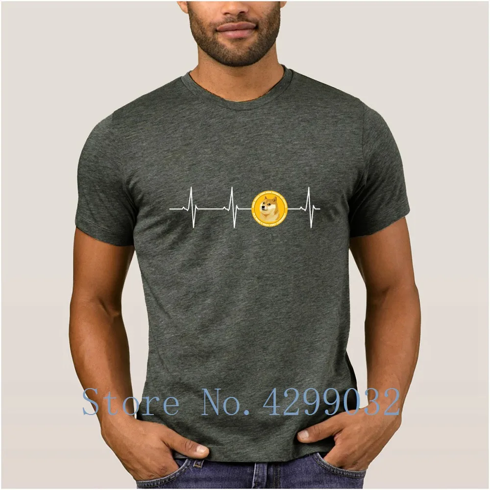 Dogecoin Heartbeat Line Blockchain Cryptocurrency T Shirt O Neck Knitted Casual Men T Shirt Sunlight Homme Fitted Tee Tops