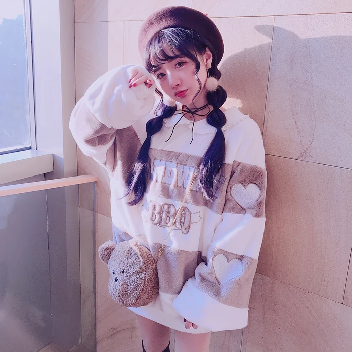 

Princess sweet lolita Hoodies Bobon21 super warm double velvet doll collar stripe embroidery bat sleeve long hoodies T1566