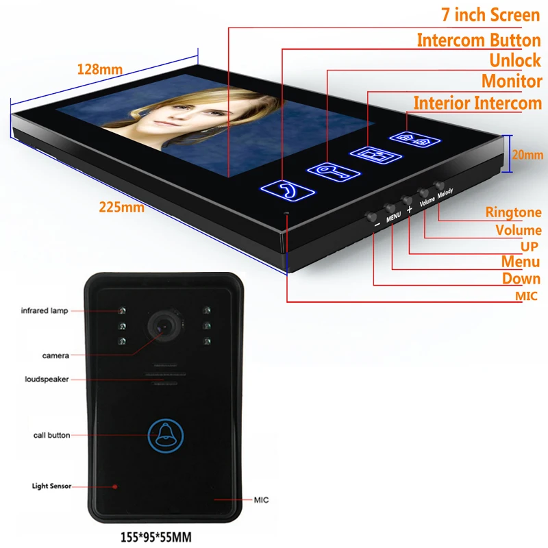 7 "видеодомофон домофон дверной звонок сенсорная кнопка дистанционного разблокировки ночного видения безопасности CCTV камера домашнего