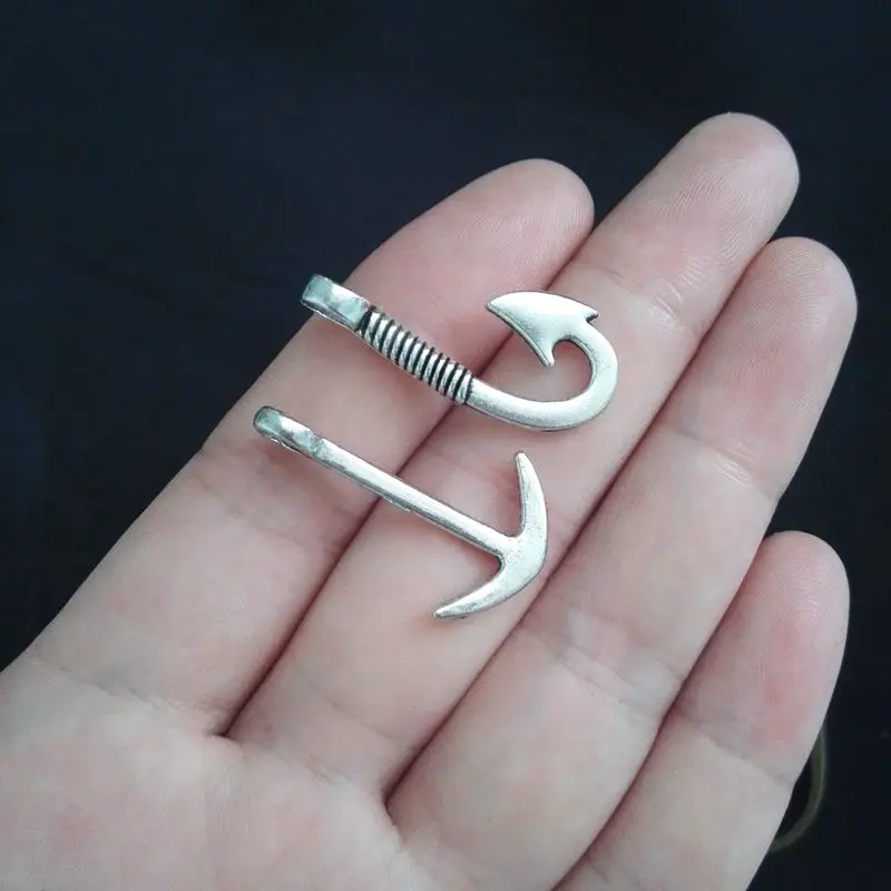 15 Fish Hooks + 15 Anchors Charms Antique Silver Tone Big Holein