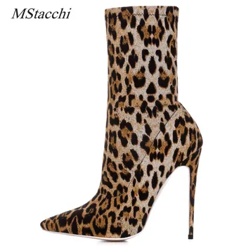 

Mstacchi Fashion Leopard Print Women's Ankle Boots 2018 Sexy Stretch Boots Pointed Toe Shoes High Heels Females Botas size 33-43