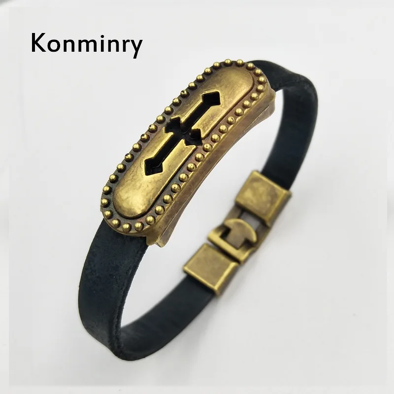 

Konminry Bronze Metal Cross Leather Bracelet For Men Women Jesus Christian Religious Vintage Jewelry Bracelets & Bangles