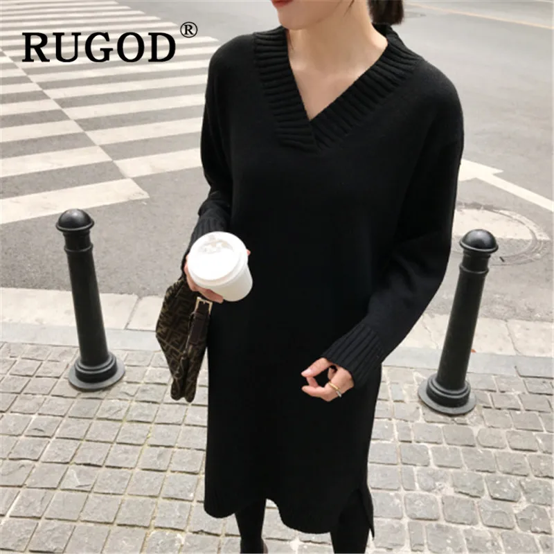 

RUGOD Korean ins solid knitted pullover dress women Elegant Long sleeve V neck ladies midi dress Winter warm streetwear female
