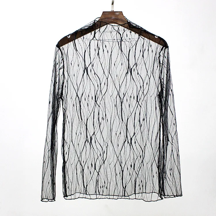 Spring Summer Women Lace Blouses Shirt tops Sexy mesh See-through Long Sleeve Black Dot Stars Striped Blouse | Женская одежда