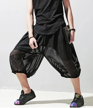 Летние личность тенденция повседневные Капри марлевые прозрачные полоса искусственного комплект из двух предметов брюки DJ Танцы - Цвет: Черный