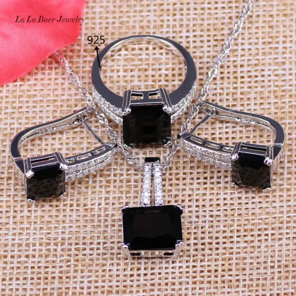 

L&B 925 Logo Silver Color Square Black Crystal White Zircon Jewelry Sets Hoop Earrings Pendant Necklace Ring For Women&Lady