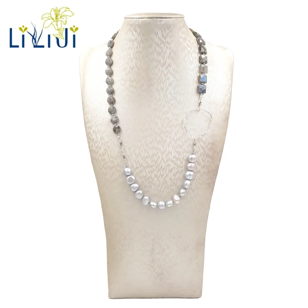 Lii Ji S стиль натуральный драгоценный камень лабрадорит, серый пресноводный жемчуг, гематит 3 ряда Открытый браслет может быть ожерелье