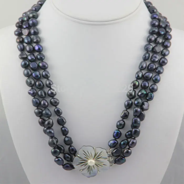 

Wholesale price ^3 Strands black Baroque Freshwater Pearl Necklace Shell Flower Clasp 18-21