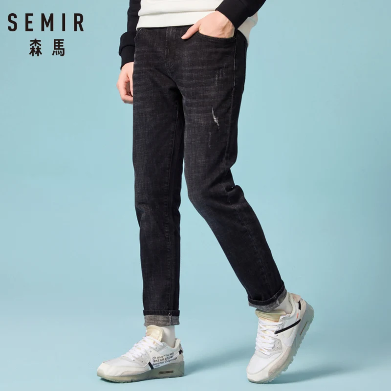 Great Value SEMIR Men Retro Slim Fit Cotton Jeans with Destruction Men's Classic Jeans Washed Denim with Zip Fly with Button Streetwear