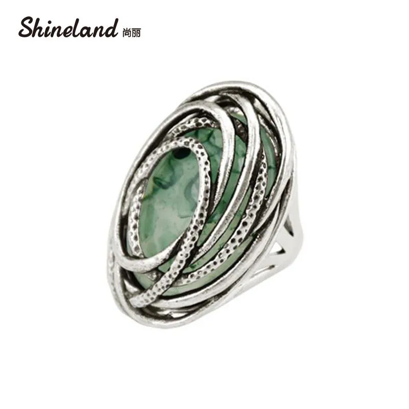 Shineland 2018 New Arrival Women Fashion Vintage Antique Silver Color Resin Statement Rings Men Steampunk Style Charm Jewelry