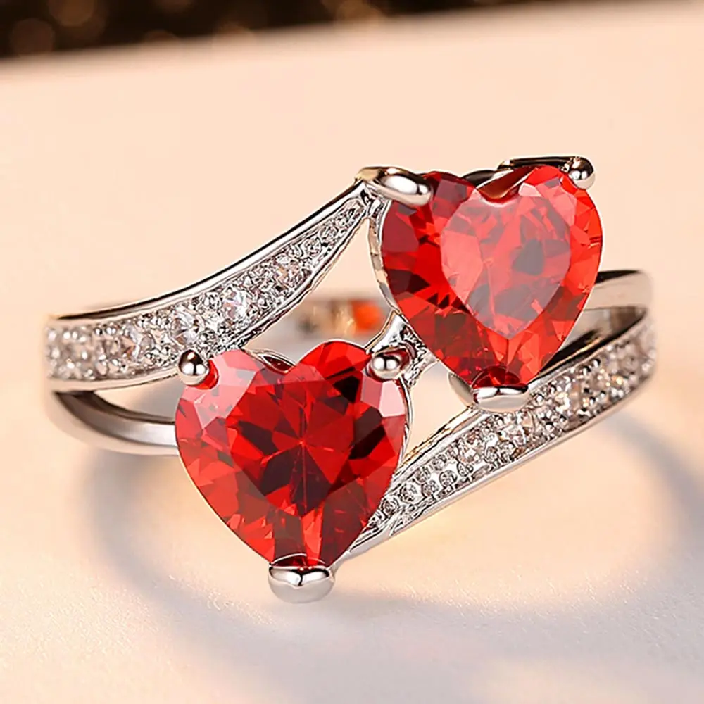 Beiver Радужное кольцо с двойным сердцем CZ, обручальные кольца с родиевым покрытием, AAA циркон, ювелирные изделия, Женские аксессуары, обручальное кольцо - Цвет основного камня: Red