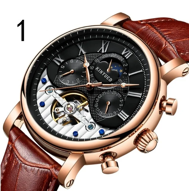 

Fully Automatic Mechanical Watch Sun Moon Stars Fashion Waterproof Calendar Leather Rome Digital Men's Hollow Moon Phase Watch