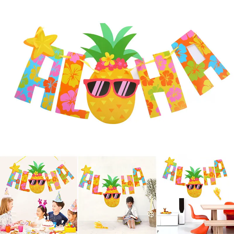 Home Decor Pineapple Decor Hawaii Pennant Hanging Banners Gold Birthday Gift Glitter Festival Stickers Letter Colorful Tropical