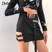 Darlingaga уличная панк юбка с высокой талией Женская Асимметричная летняя юбка на молнии с ушками готические мини-юбки с ремнем