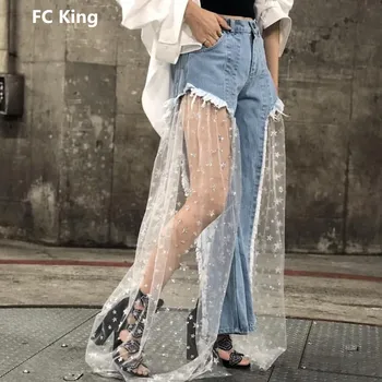 

FC King 2018 New Fashion Summer Jeans women Sexy Mesh Perspective Star Patchwork Women Jeans High Quality Patchwork trousers