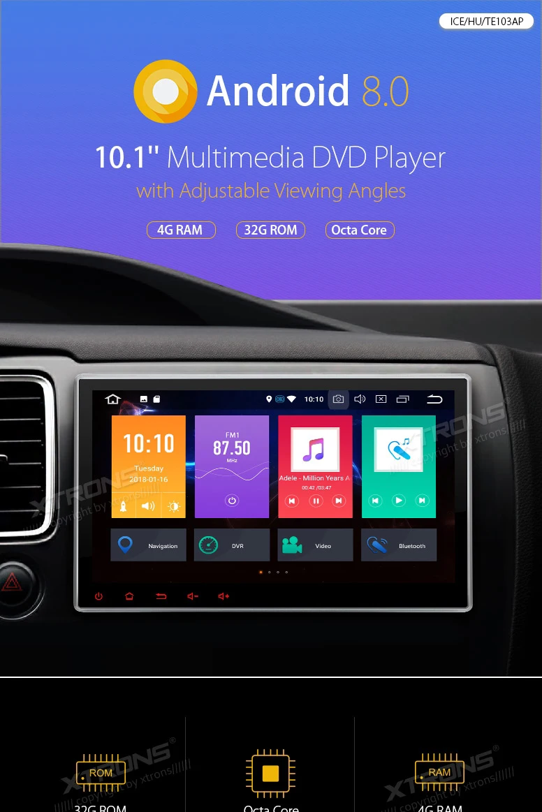 Perfect 10.1" Octa-Core Android 8.0 OS 2 Din Car DVD Multimedia Two Din Car Navigation GPS Double Din Car Radio with 4GB RAM 32GB ROM 0