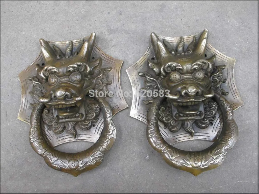 

10"Feng shui china folk bronze Dragon head knocker Knock door ring statue Pair