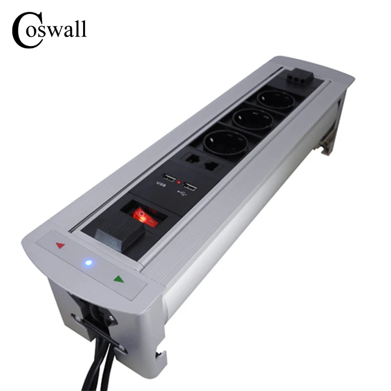 

COSWALL Silver Black Electric Socket 180 Degree Flipping 3 EU Socket Dual USB Charger Intelligent Hidden Socket Dual RJ45 Jack