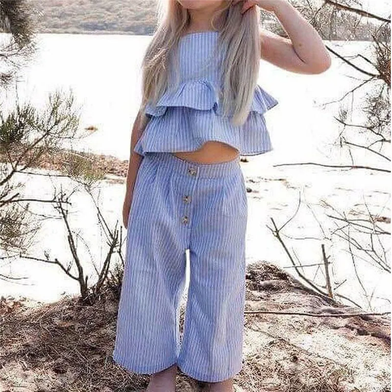 Girls suit summer 2019 new Toddler Kids Baby Girls Striped Ruffle Tops T Shirt+Pants+Headband Outfits Sets  (4)