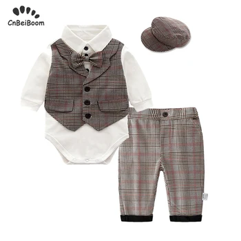 

Boy Baby Clothes Set cotton 2020 spring kids gentleman Bodysuit with vest pant hat Newborn Clothing Infant Boys Party Suit dress