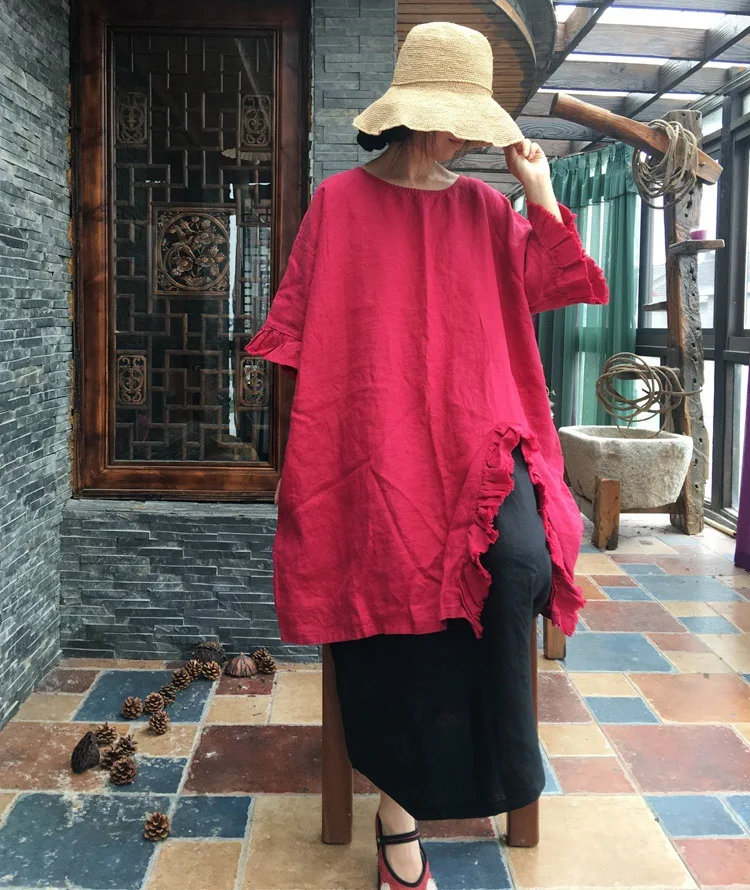 

2018 female new autumn plus size dress butterfly lace linen solid color medium -long sleeve loose shirt