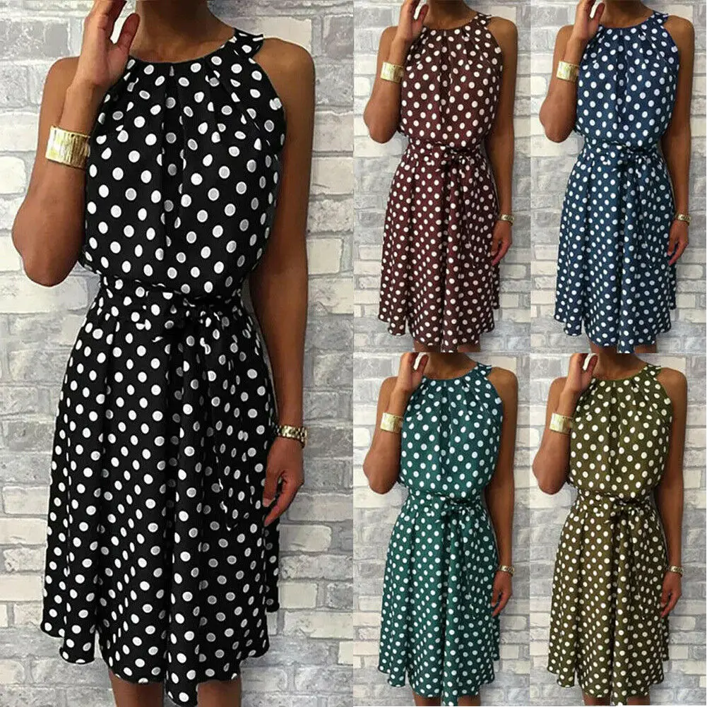 

Women Sleeveless Casual Sleeveless Dress Party Evening Summer Polka Dot Beach Sundress Lady Girl Clothes Sundress