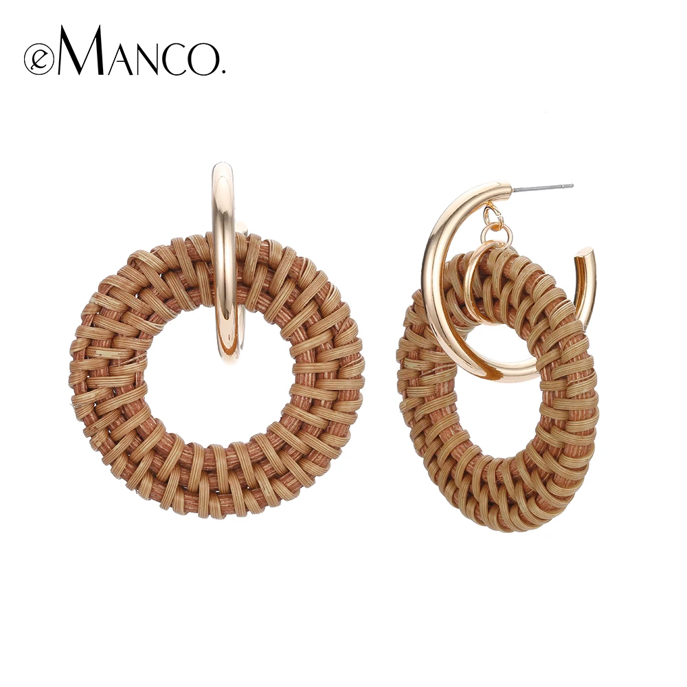 e-Manco Rattan Braid Drop Earrings For Women Vine Knit Round Circle Dangle Earrings Weaving Hand Made femme Fashion Jewelry