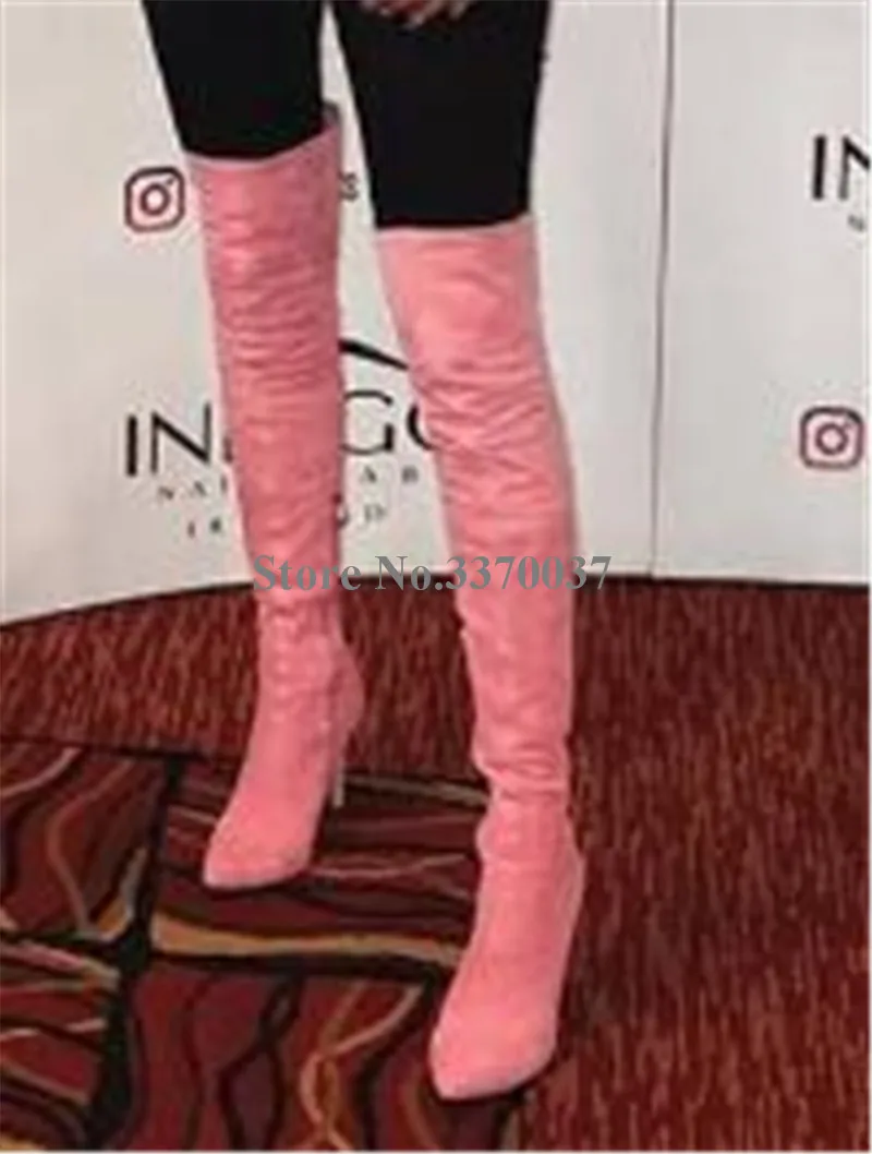 Милая женская обувь Острый носок Замшевые женские сапоги-ботфорты сапоги на шпильке розового цвета стильные облегающие длинные, с высоким каблуком; обувь для ночного клуба