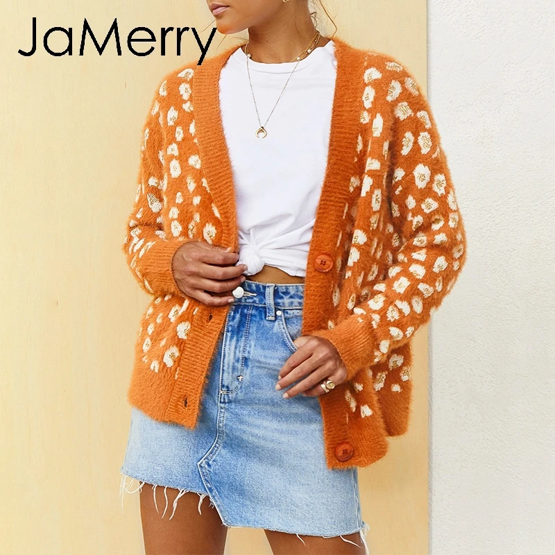JaMerry винтажный Леопардовый принт мохер женский кардиган свитер на пуговицах вязаный женский Кардиган с длинным рукавом Осень Зима джемпер пальто