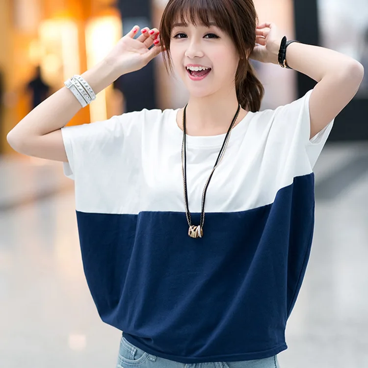 

2018 new design colour matching dolman sleeve loose casual hot women's 100% cotton t shirt