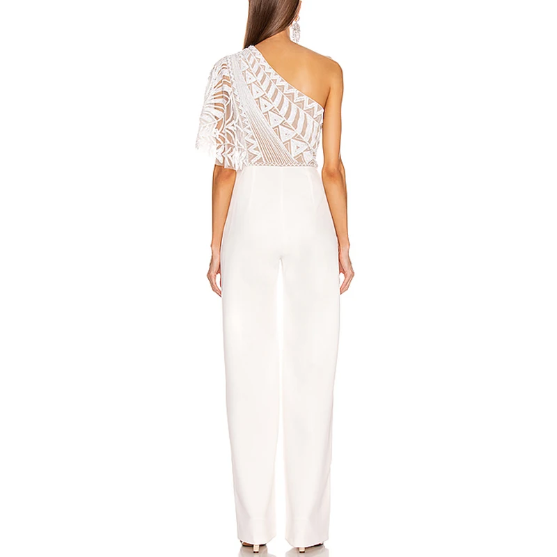 Max Spri 2019 Summer New Fashion One Shoulder Short Sleeve Lace Ruffles Women Elegant Split Loose Long Jumpsuits Max Spri 2019 Summer New Fashion One Shoulder Short Sleeve Lace Ruffles Women Elegant Split Loose Long Jumpsuits