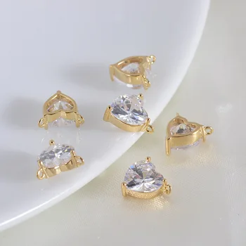 

6PCS 5MM 7MM 24K Champagne Gold Color Brass with Zircon 2 holes Heart Charms Pendants High Quality Diy Jewelry Accessories