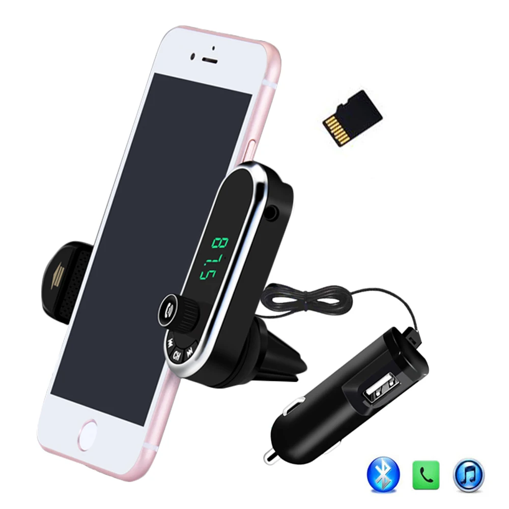 

JINSERTA Wireless Bluetooth Hands Free FM Transmitter TF AUX Modulator Car Kit MP3 Player Air vent Holder Stand Car Phone Holder