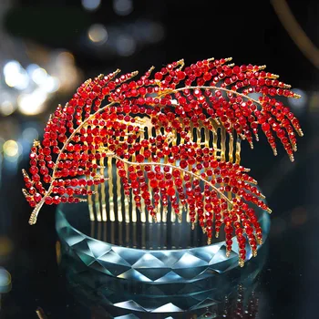 

KMVEXO Red White Crystal Wedding Bride Bridal Hair Accessories 2019 Feather Hair Comb Head Pieces Hair Pins Jewelry Accessories