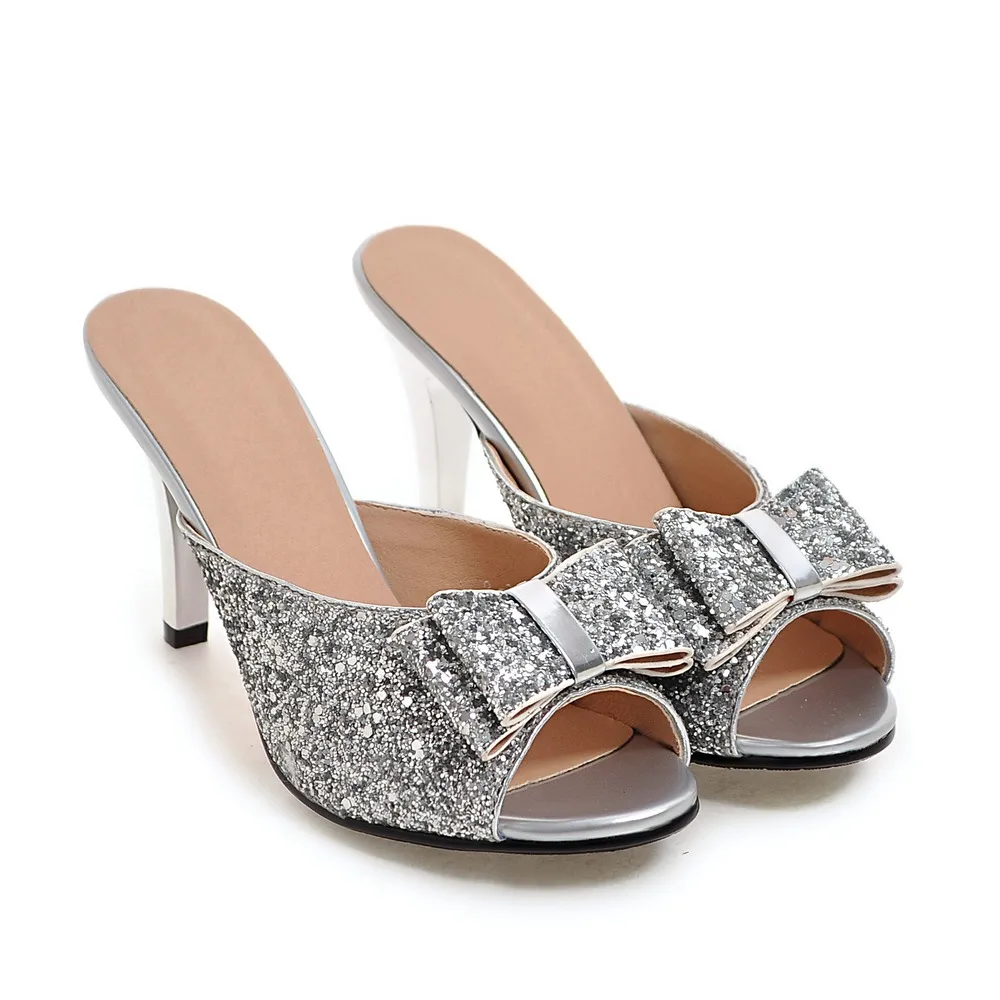 2018 летние Обувь женские высокий каблук S Шлёпанцы для женщин Сандалии для девочек Дамская обувь с бантом Кристалл Тонкий Высокий каблук