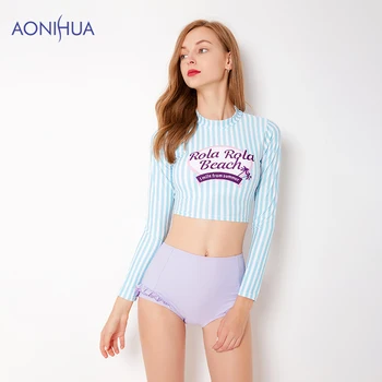 

AONIHUA Long Sleeve Stripe Women Swimwear Triangle Bather Suit Female Beach Wear Bathing Suits Swimming Suit Two Piece Swimsuit