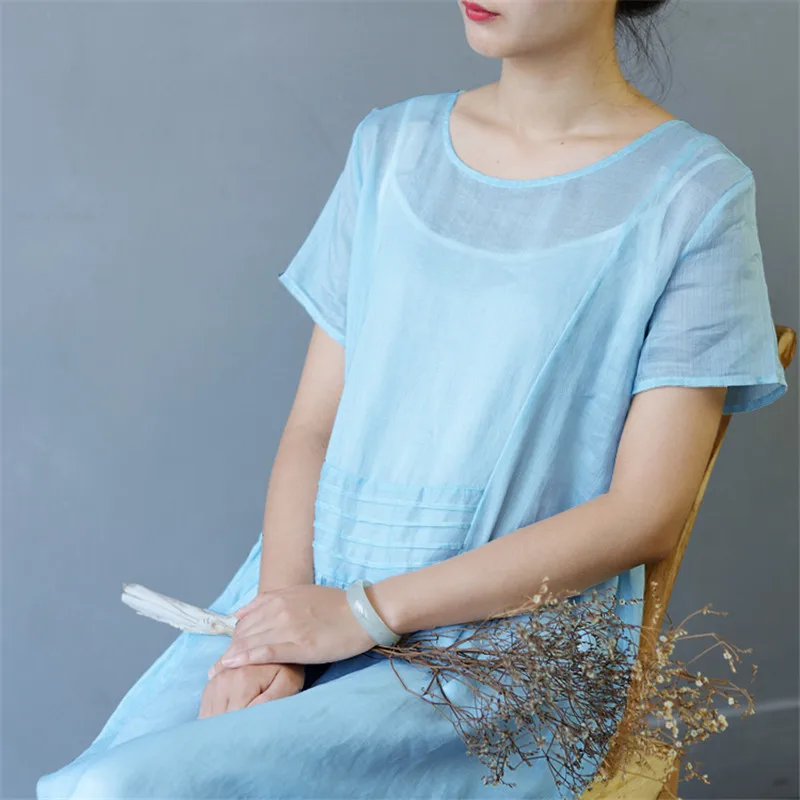 SCUWLINEN Vestidos 2019 Women Summer Dress Vintage Brief Short-sleeve Thin 100% Ramie Cute Long Dress Solid Casual Robe S355