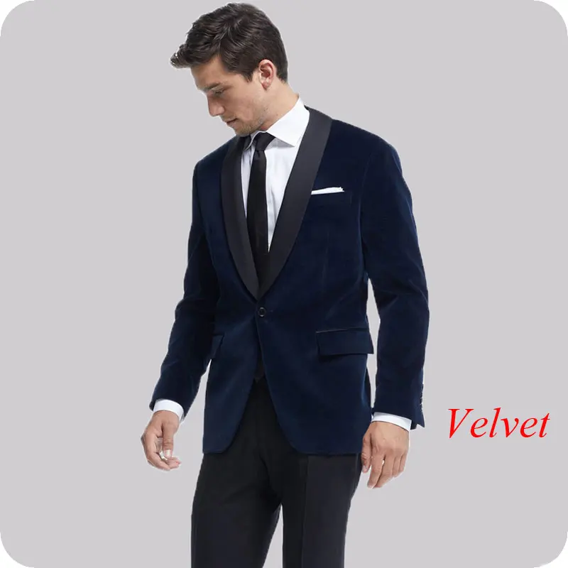 Navy Blue Velvet Men Suit Pants Black Shawl Lapel Wedding Suit Slim Smoking Groom Tuxedos Custom Made Best Man Blazer 2 Piece