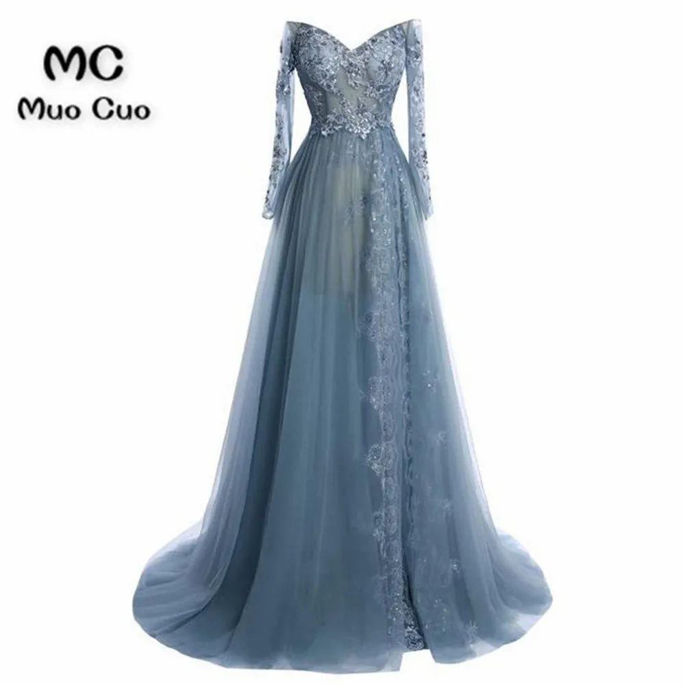 LATEST A-LINE V-NECK TULLE COURT TRAIN APPLIQUES LACE LONG SLEEVE PROM DRESSESaa