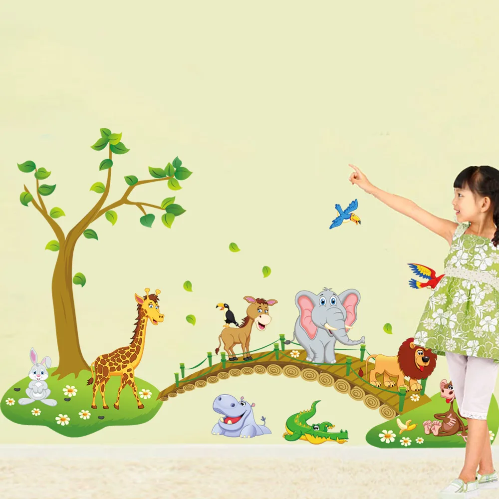 Милые животные для девочек, настенные наклейки для комнаты, джунгли, лес, тема слона, обои, подарки для детской комнаты, декор жирафа, наклейка, домашний декор