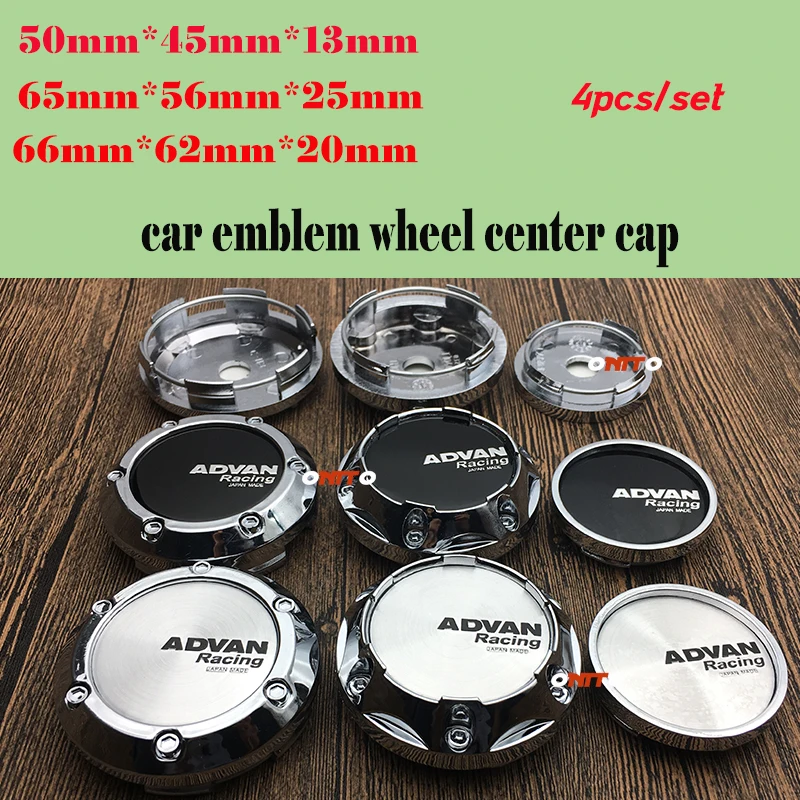 

4pcs Aluminum 45MM Sticker Emblem Chrome 50mm 65mm 66mm Wheel Center Caps rim Wheel Hub Cap For ADVAN logo Racing Car Styling