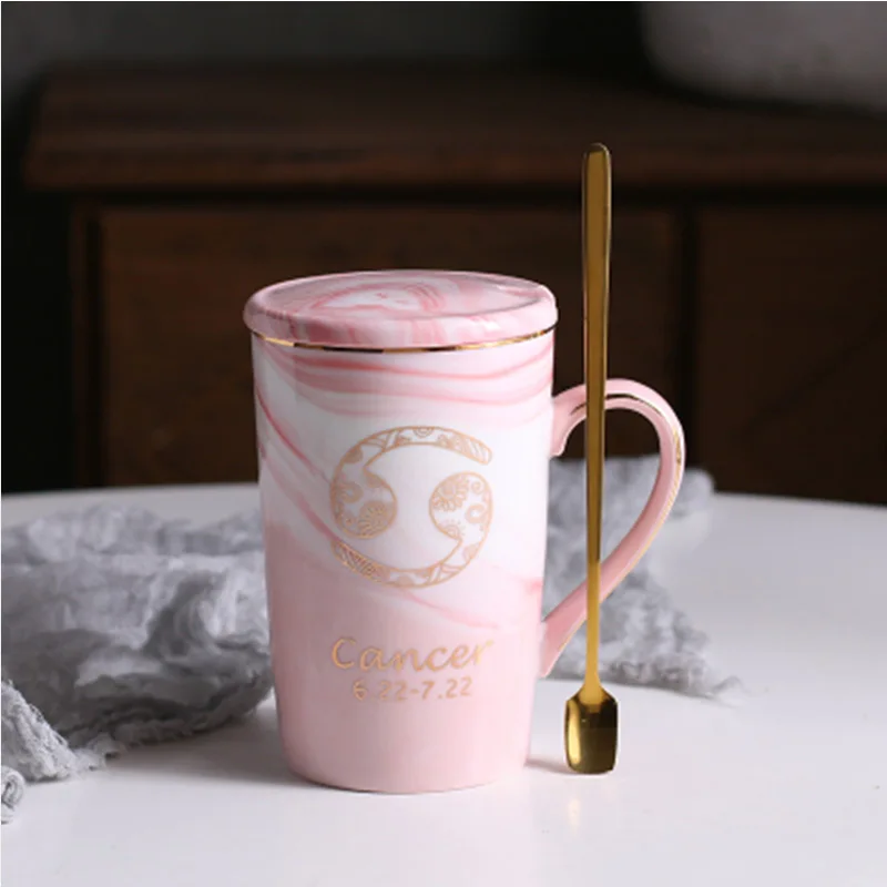 WOURMTH расписанный вручную Золотой вензель мраморный фарфор кофейная кружка 12 Созвездие чайные чашки молочные кружки креативный подарок для пары - Цвет: Cancer pink