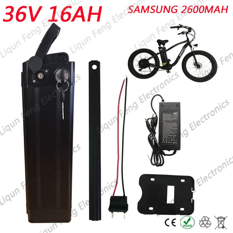 Bottom Discharge Port 36V 16AH 500W Silver Fish 15AH E-Bike battery use SAMSUNG Cell with Aluminum Case 2A charger 15A BMS | Спорт и