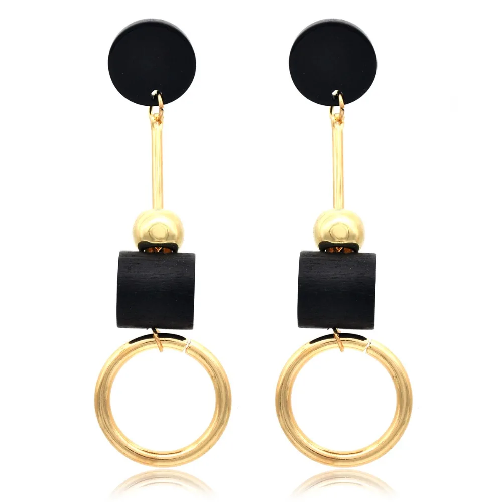 

New Fashion Golden Drop Earrings Black Wood Round Circle Long Earrings for Women Costume Accessories Party Jewelry