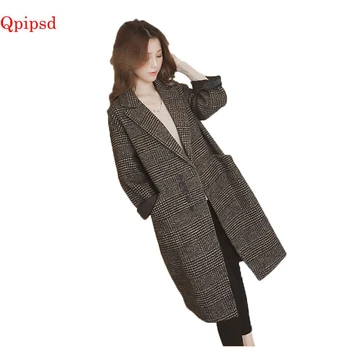 

Plaid Long Woolen Coat Women Autumn And Winter Woolen Coat Women Korean Version Self-cultivation Loose Woolen Coat Winter Female