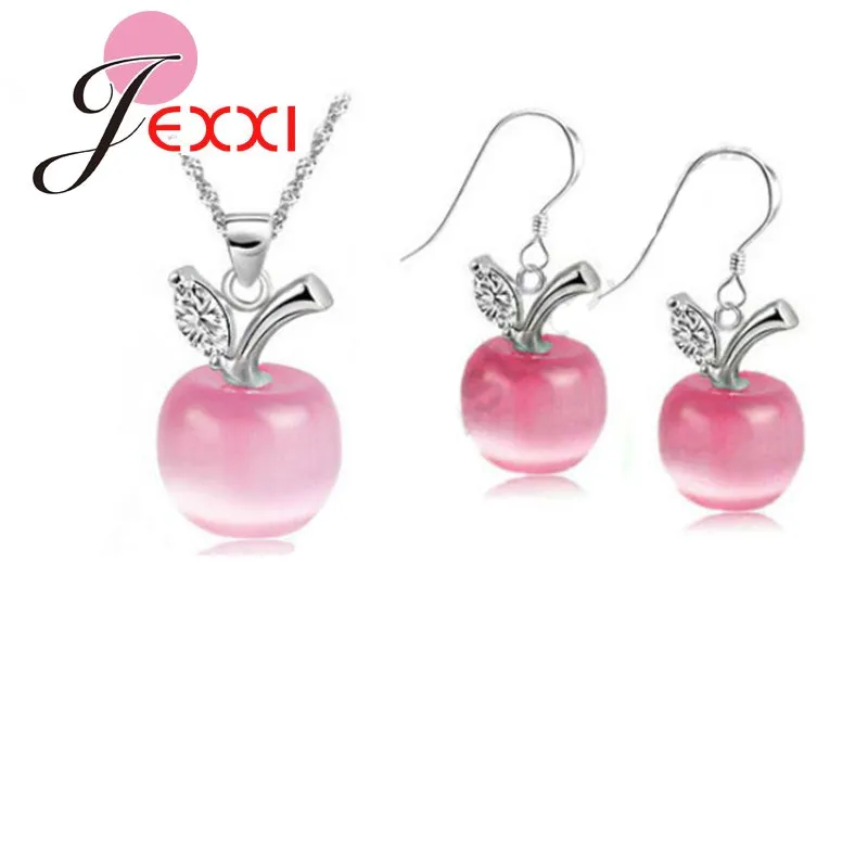 

Fast Free Shipping S925 Sterling Silver Color Red Apple Cat'S Eye Stone CZ Necklace Pendant Earrings Fashion Jewelry Sets