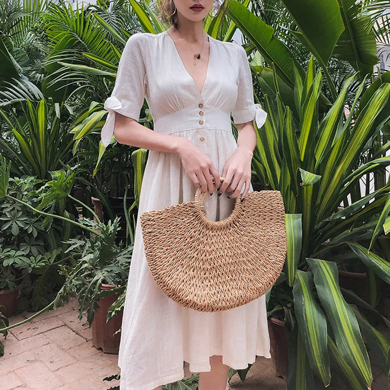 

Fashion Sexy Deep V Neck Summer Short Sleeve Midi Long Dress Party Elegant Button Women Casual High Waist Vestidos De Festa